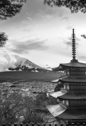 Beautiful landmark of Fuji mountain and Chureito Pagoda at sunset, Japan.