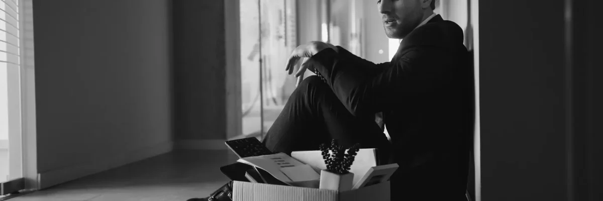 Sad Fired. Let Go Office Worker Packs His Belongings into Cardboard Box and Leaves Office. Workforce Reduction, Downsizing, Reorganization, Restructuring, Outsourcing. Mass Unemployment Market Crisis.